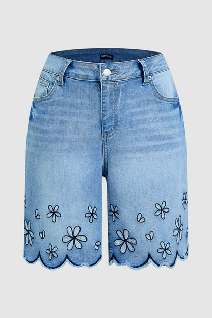 Floral Embroidery Scallop Trim Mid Rise Denim Bermuda Shorts