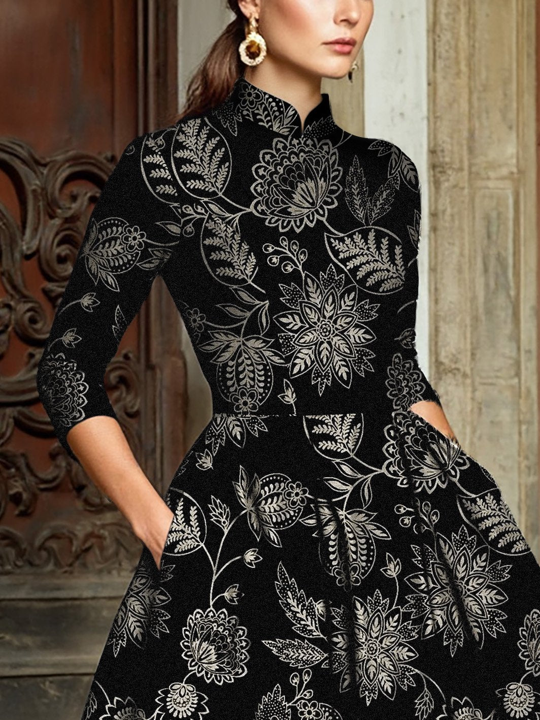 Robe midi en lin, demi-manches, col montant, motif cachemire, floral, poches, vintage, noire