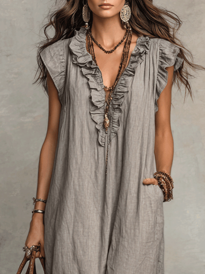 Robe longue bohème sans manches à volants et col en V fluide
