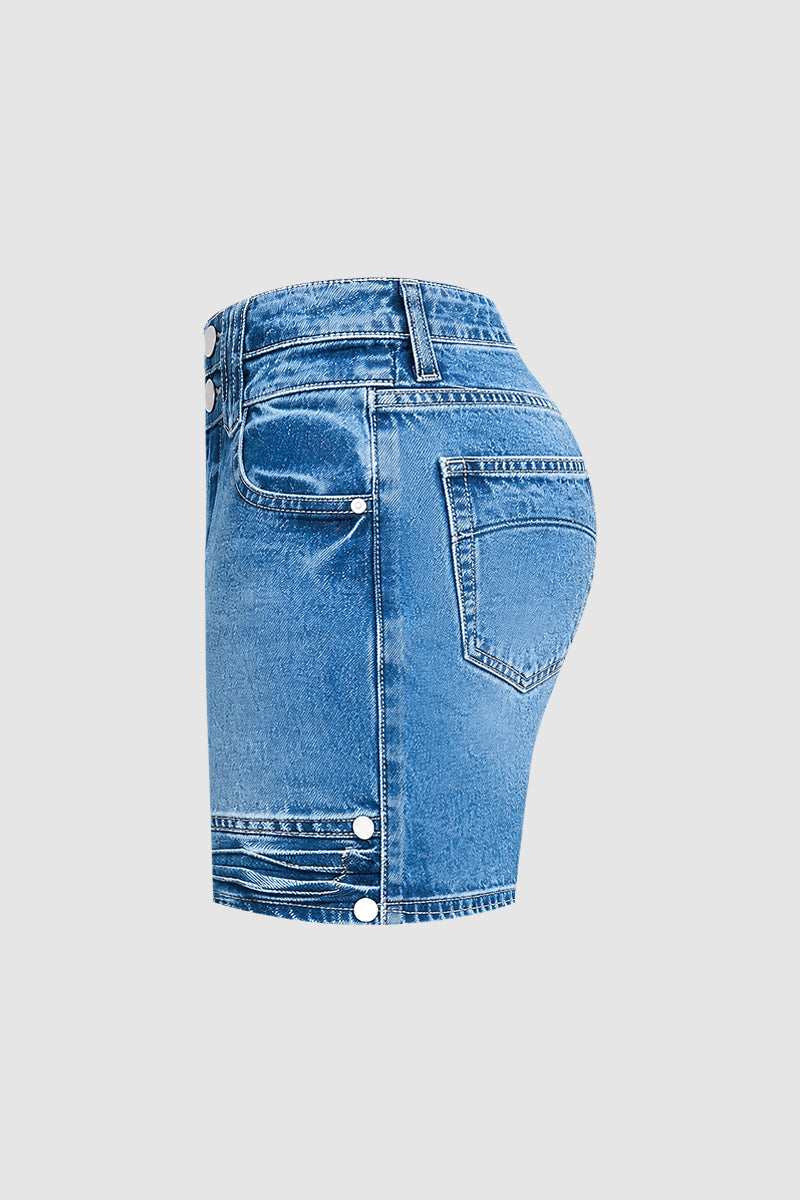 Wash Button Decor Mid Waist Denim Mid Thigh Shorts