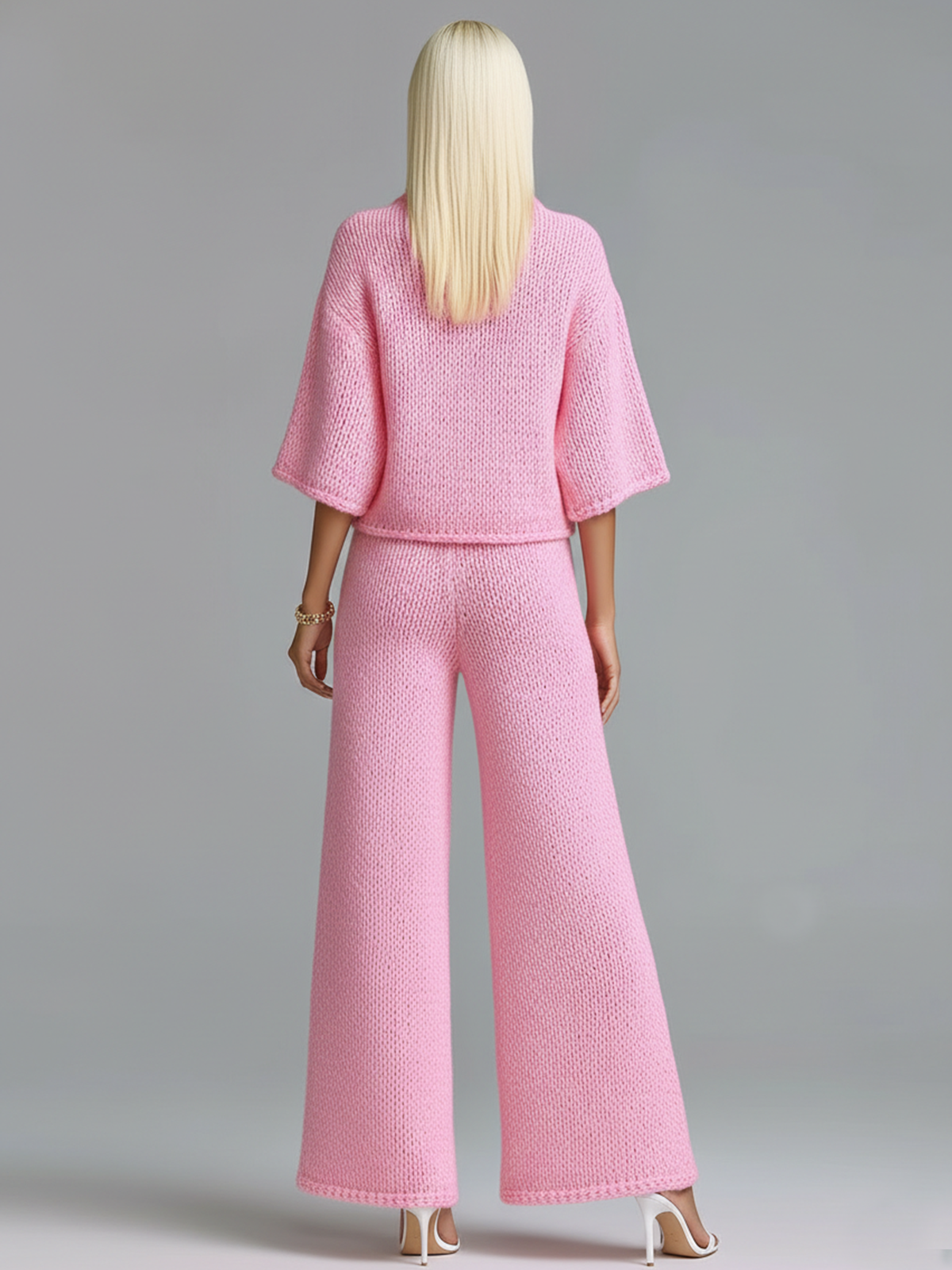 Stylish Elegant Barbie Pink Lapel Seven-Quarter Sleeve Half-Zip Loose Sweater And Wide-Leg Pants Two-Piece Set