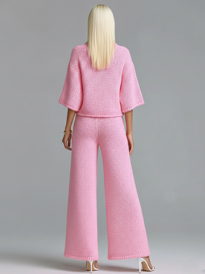 Stylish Elegant Barbie Pink Lapel Seven-Quarter Sleeve Half-Zip Loose Sweater And Wide-Leg Pants Two-Piece Set