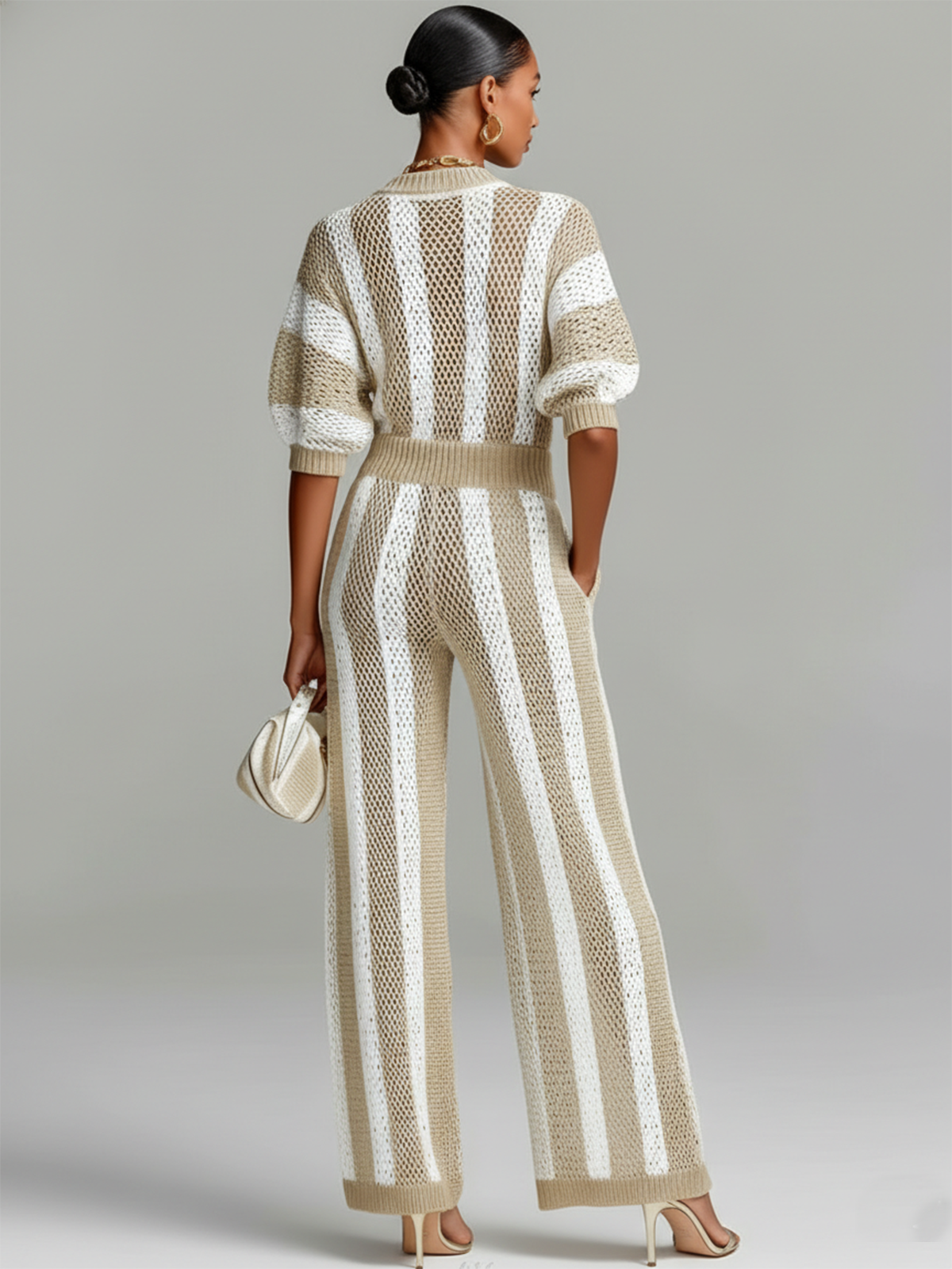 Stylish Elegant White-Beige Striped Mesh V-neck Short-Sleeve Loose-Fit Wide-Leg Ribbed Knit Jumpsuit