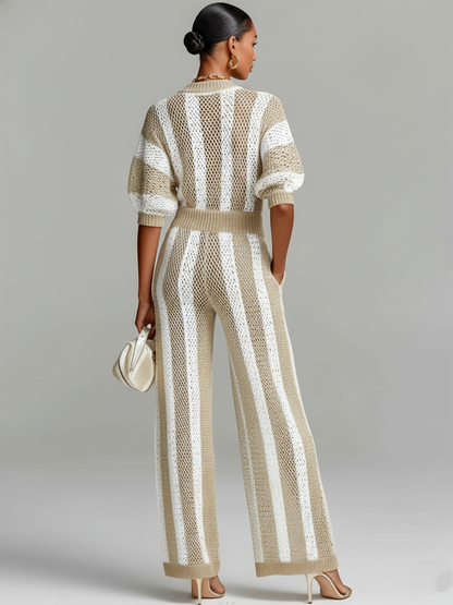 Stylish Elegant White-Beige Striped Mesh V-neck Short-Sleeve Loose-Fit Wide-Leg Ribbed Knit Jumpsuit