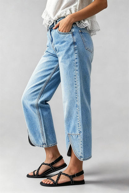 Wash Split Hem Mid Rise Wide Leg Crop Jeans