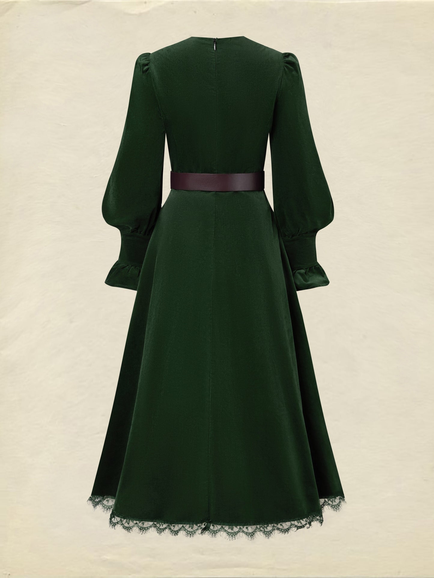Robe midi en coton, manches longues, col en V, unie, dentelle, vintage, verte