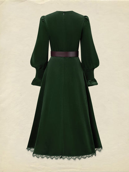 Robe midi en coton, manches longues, col en V, unie, dentelle, vintage, verte