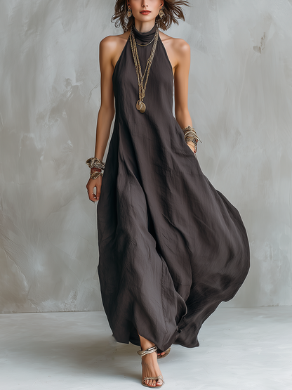 Robe longue bohème ample gris anthracite à épaules dénudées