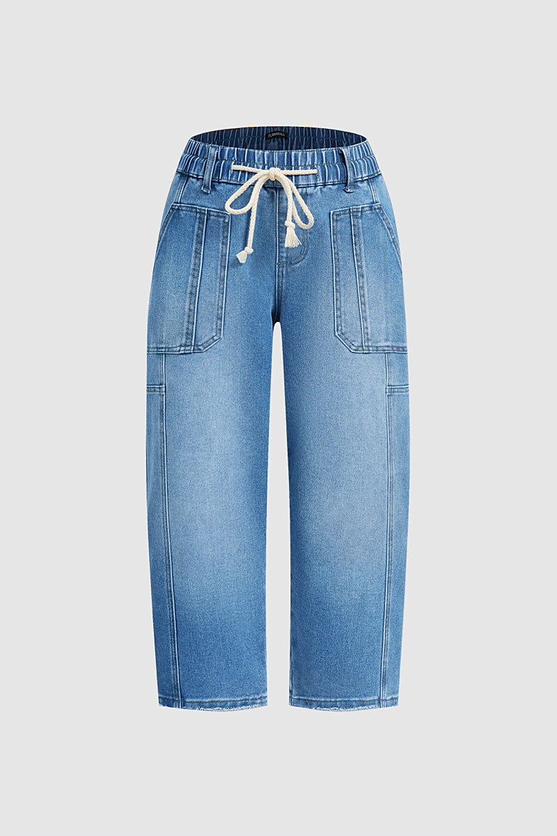 Raw Hem Drawstring Mid Waist Barrel Leg Capri Jeans