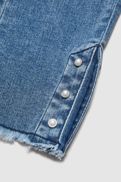 Pearl Button Side Raw Hem High Waist Skinny Jeans