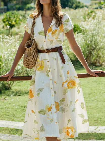 Robe Midi en Lin, Manches Courtes, Florale, Vintage, Blanche