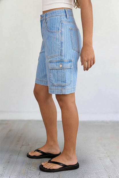 Pinstriped Flap Pocket High  Waist Denim Bermuda Shorts