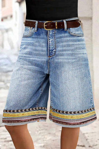 Embroidery Mid Waist Denim Bermuda Shorts Without Belt