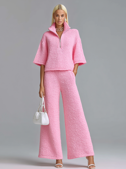 Stylish Elegant Barbie Pink Lapel Seven-Quarter Sleeve Half-Zip Loose Sweater And Wide-Leg Pants Two-Piece Set