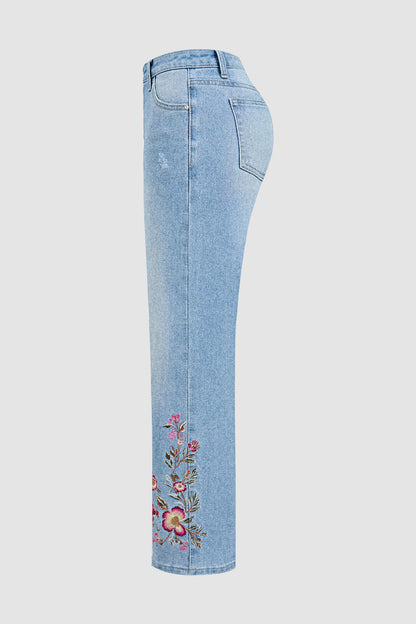 Wash Floral Embroidery Mid Rise Straight Leg Jeans