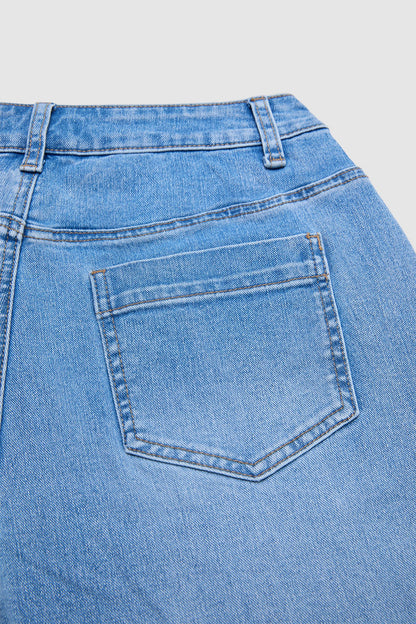 Wash Roll Hem Mid Waist Straight Leg Crop Jeans