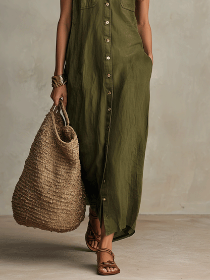 Robe-chemise longue boutonnée bohème olive sans effort