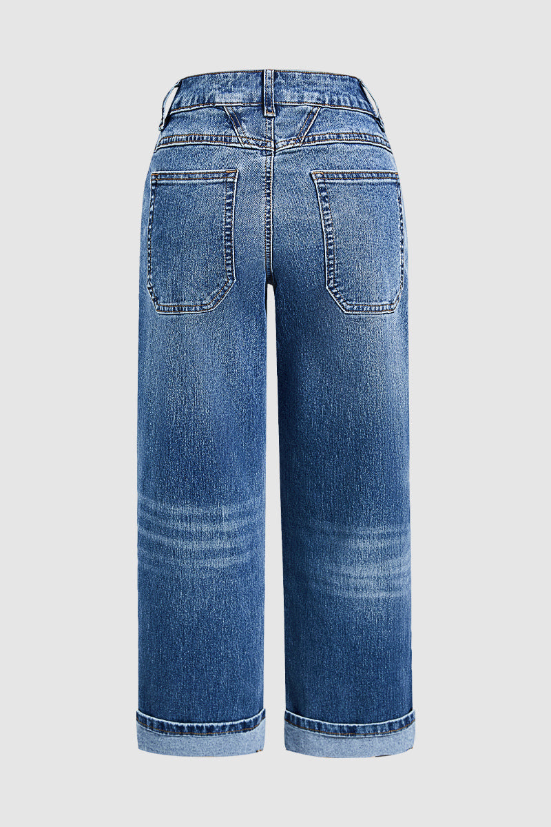 Wash Dual Button Mid Waist Straight Leg Crop Jeans