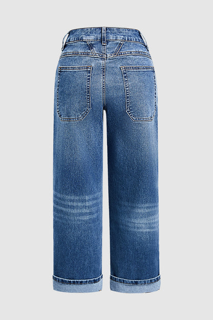 Wash Dual Button Mid Waist Straight Leg Crop Jeans