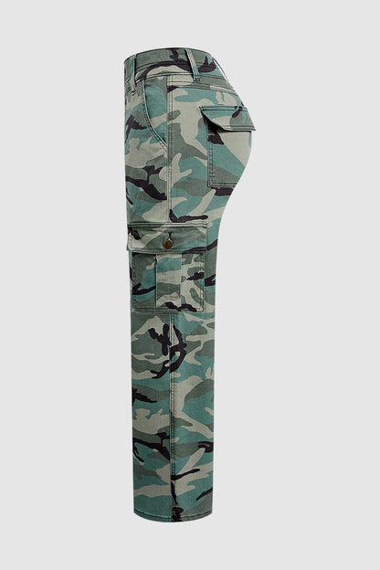 Camo Print Flap Pocket Mid Waist Straight Leg Cargo Pants