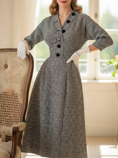 Robe midi en laine, manches courtes, col en V, à carreaux, avec ceinture, style vintage, noire