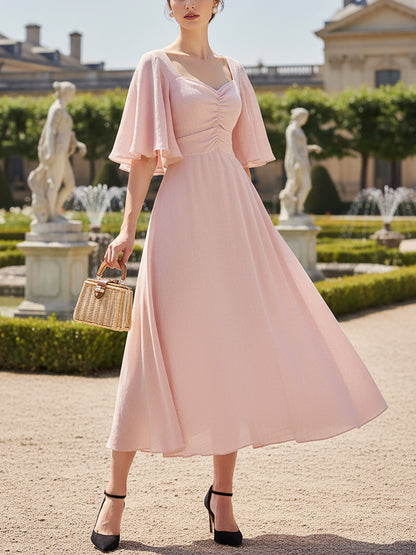 Robe longue en coton, Manches courtes, Encolure Cœur, Unie, Volants, Vacances, Vintage, Rose clair