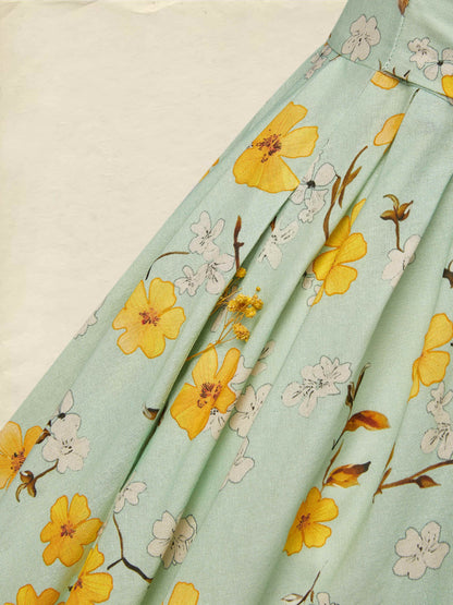 Robe midi en lin, sans manches, col licou, motifs floraux, poches, vacances, vintage, couleur aqua