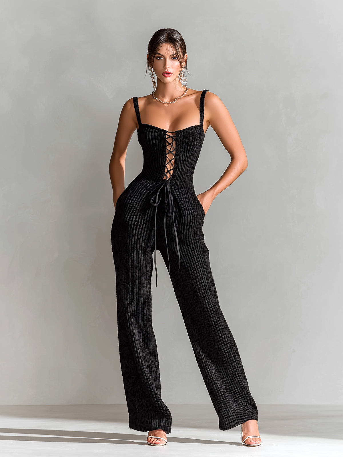 Chic Elegant Black Square Neck Sleeveless Lace-Up Details Tailored Waist Wide-Leg Ribbed Knit Jumpsuit