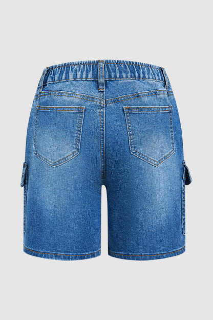 Wash Flap Pocket Seam Front Elastic Mid Rise Mid Thigh Denim Shorts