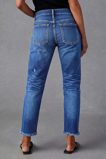 Raw Hem Ripped Mid Waist Straight Leg Crop Jeans