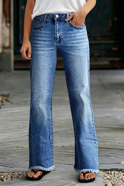 Raw Hem Mid Waist Straight Leg Jeans