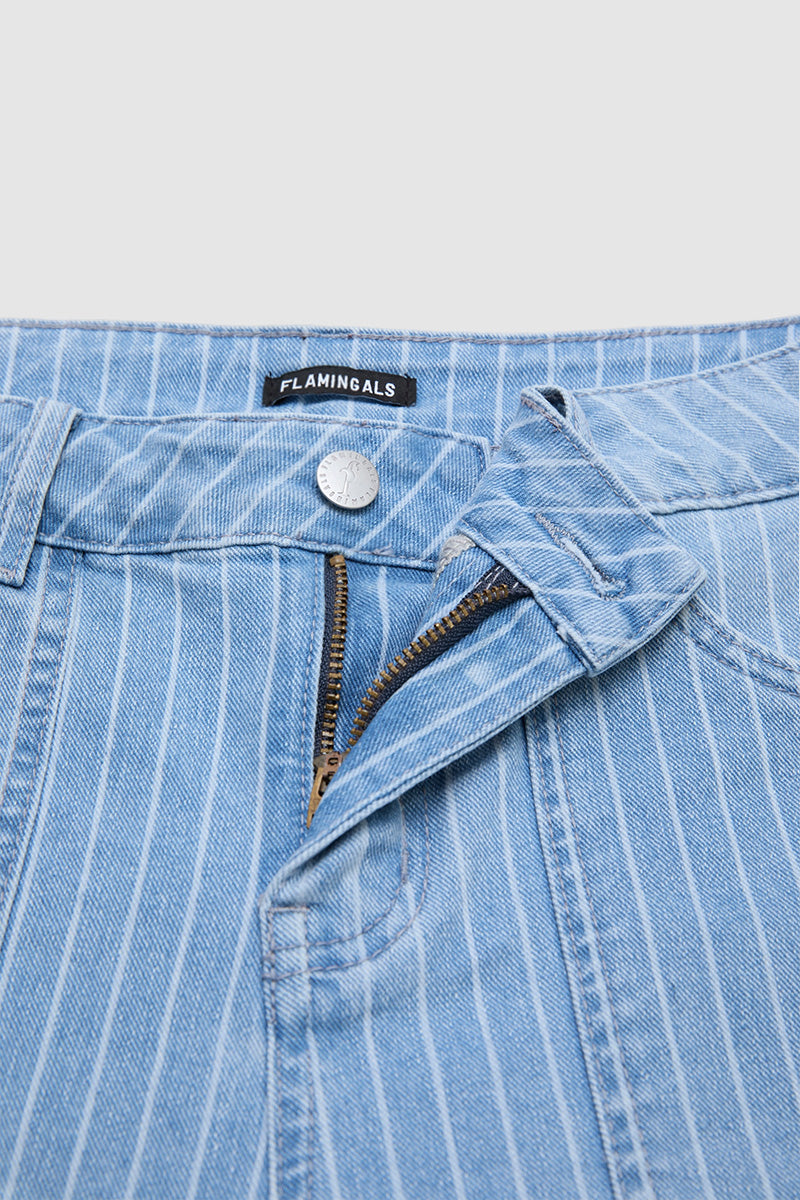 Striped Raw Hem Patch Pocket High Rise Denim Bermuda Shorts Without Belt
