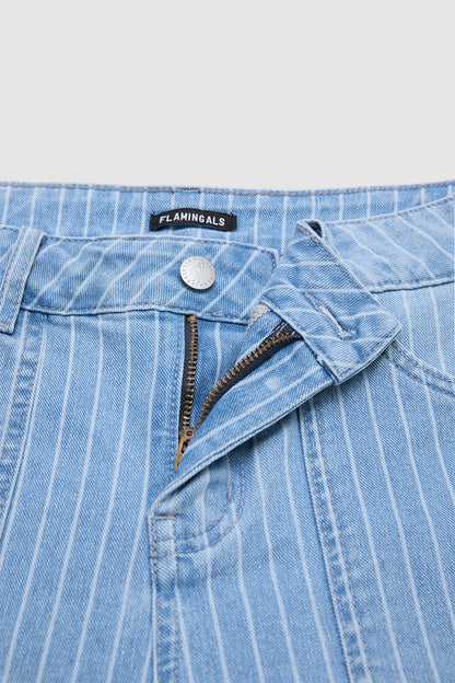 Striped Raw Hem Patch Pocket High Rise Denim Bermuda Shorts Without Belt