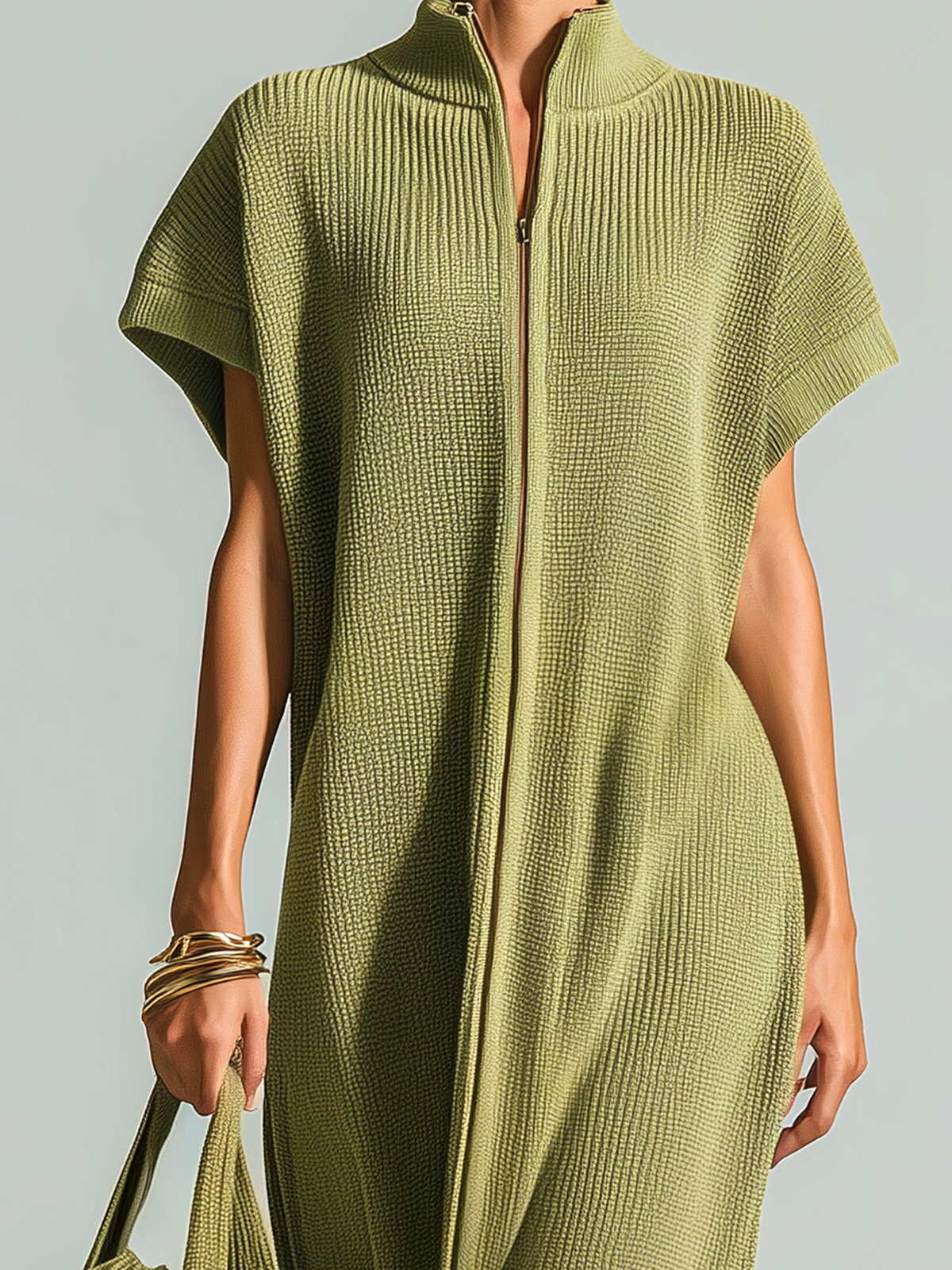 Stylish Elegant Olive Green Stand-Collar Zipper-Front Drop Shoulder Sleeveless Loose-Fit Ribbed Knit Maxi Dress