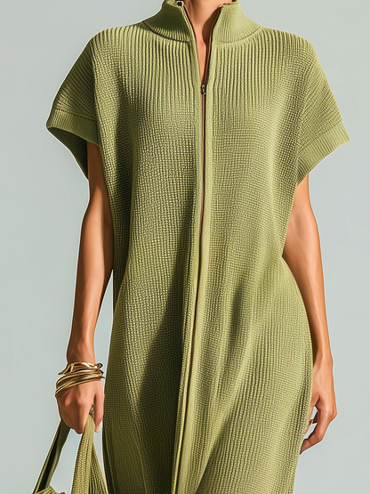 Stylish Elegant Olive Green Stand-Collar Zipper-Front Drop Shoulder Sleeveless Loose-Fit Ribbed Knit Maxi Dress
