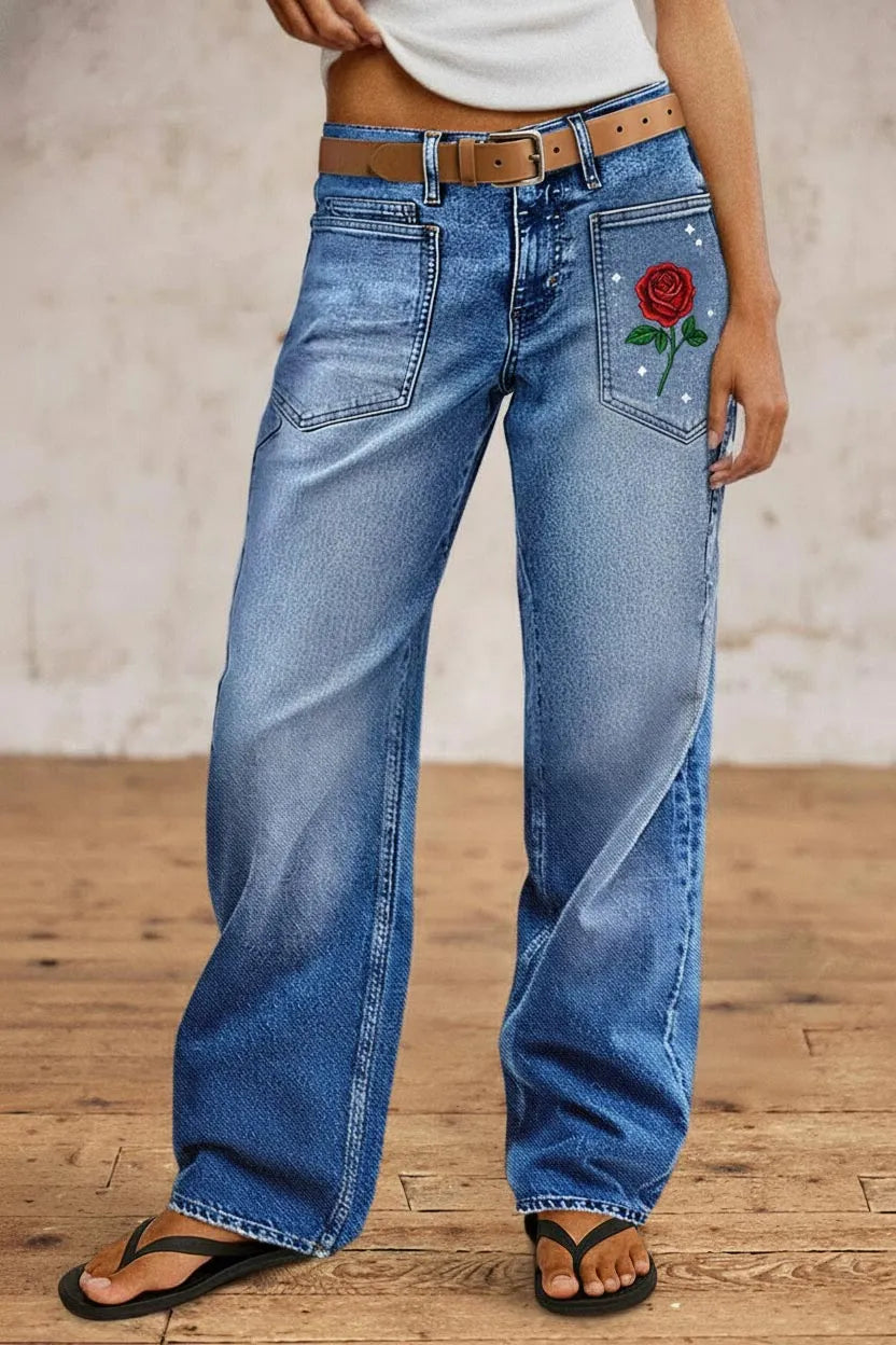 Valentine's Day Pattern Embroidered Patch Pocket Mid Rise Straight Leg Jeans Without Belt