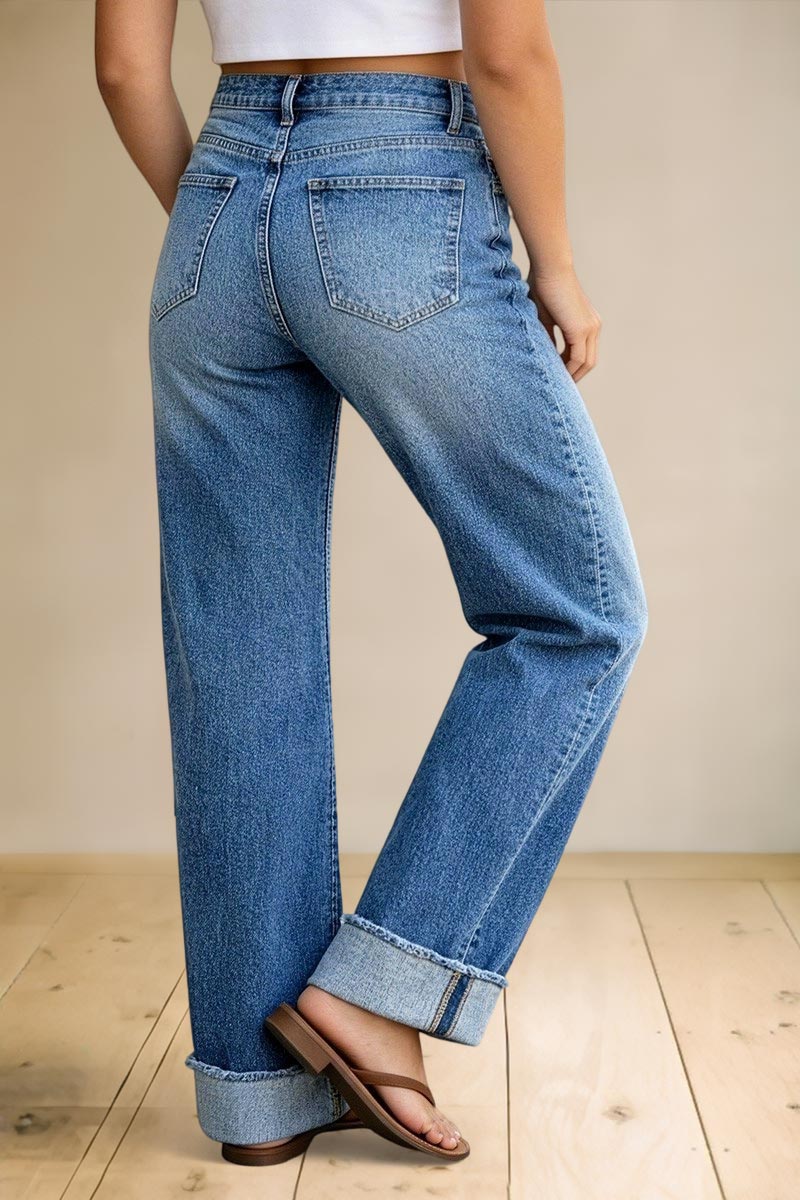 Wash Ripped Roll Hem Mid Waist Straight Leg Jeans