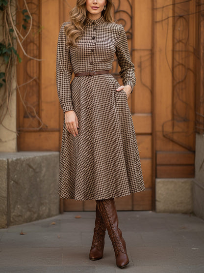 Robe Midi en Laine, Manches Longues, Col Montant, Pied-de-Poule, Boutonnée, Vintage, Marron