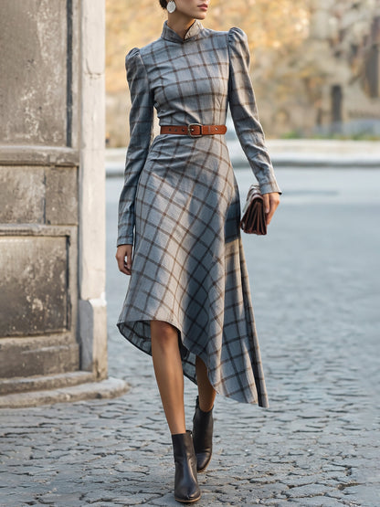 Robe midi en lin, manches longues, col montant, à carreaux, ceinture, vintage, gris