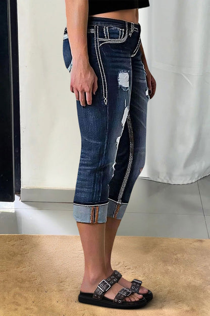 Ripped Roll Hem Wash Stretchy Low Waist Capri Jeans