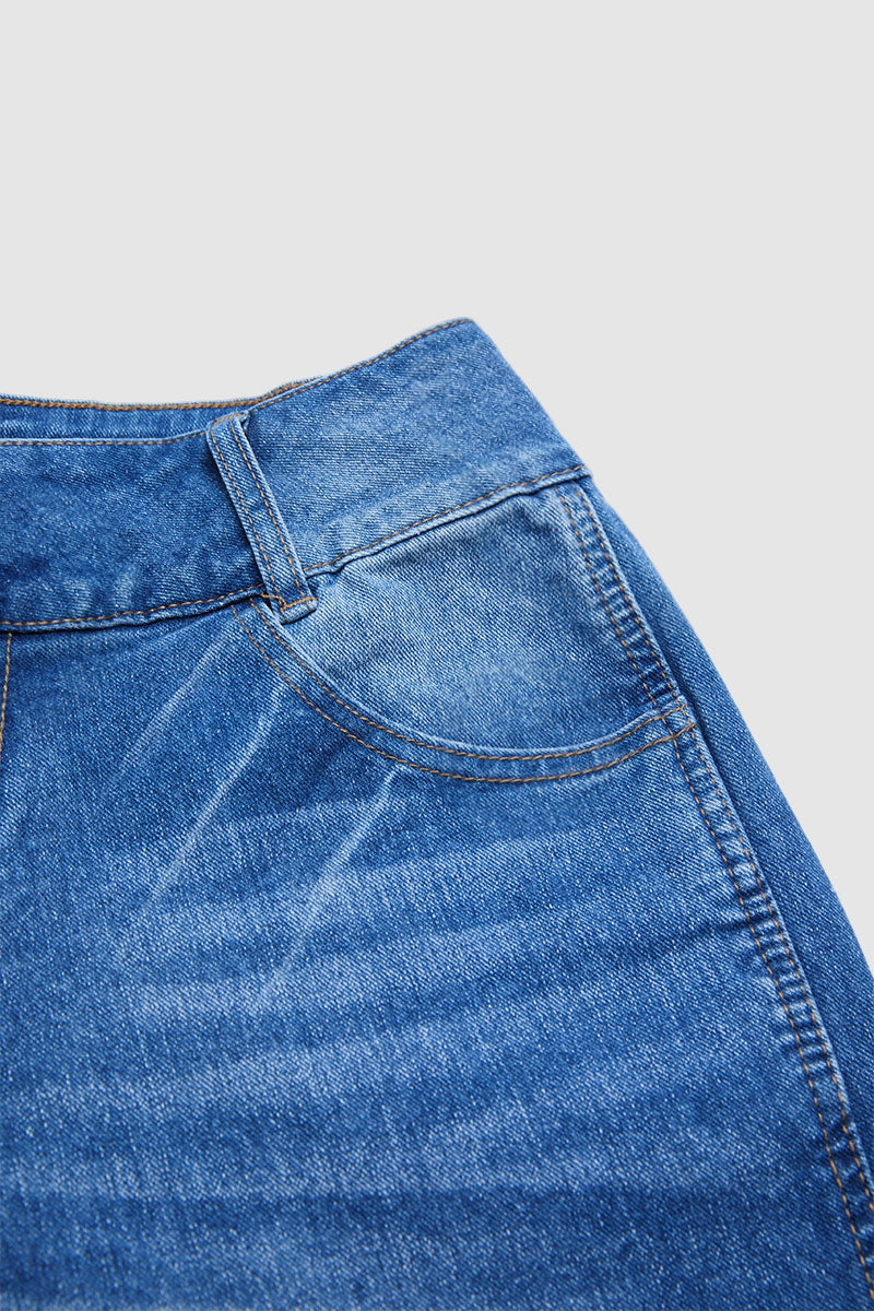 Asymmetrical Button Decor Stitch Decor Mid Waist Straight Leg Jeans