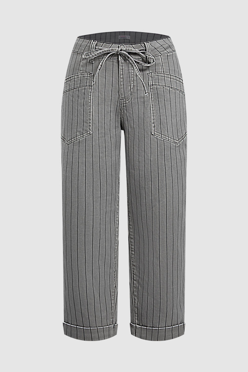 Striped Roll Hem Drawstring Mid Waist Straight Leg Cropped Pants