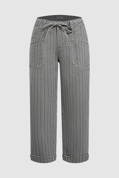 Striped Roll Hem Drawstring Mid Waist Straight Leg Cropped Pants