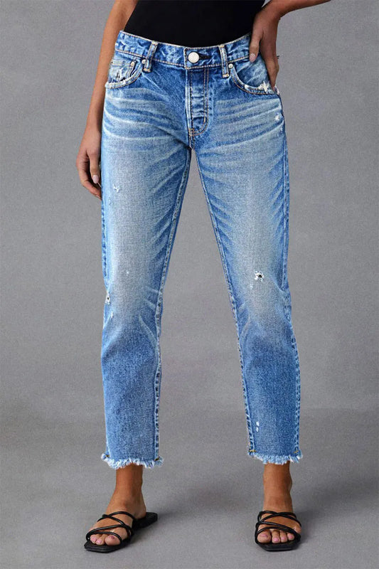 Raw Hem Ripped Mid Waist Straight Leg Crop Jeans