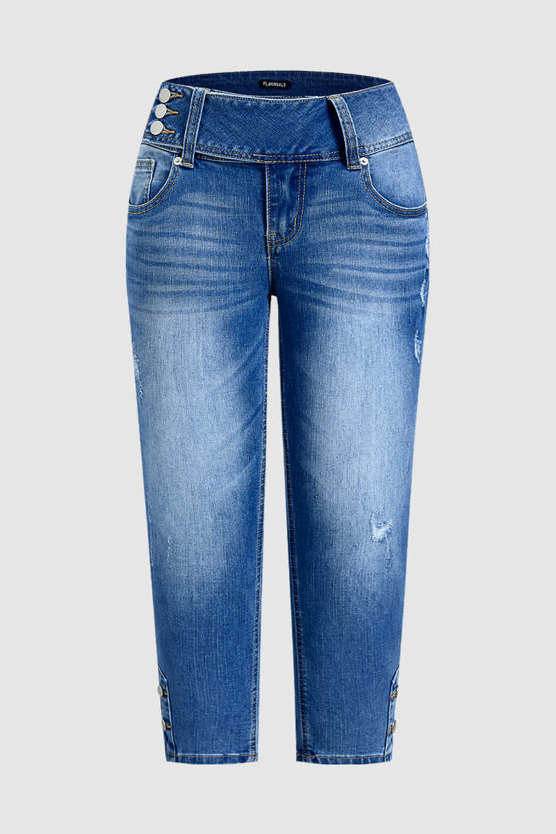Wash Button Decor Mid Waist Skinny Capri Jeans
