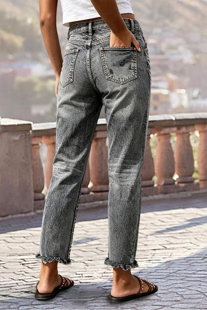Wash Ripped Raw Hem Mid Waist Straight Leg Crop Jeans