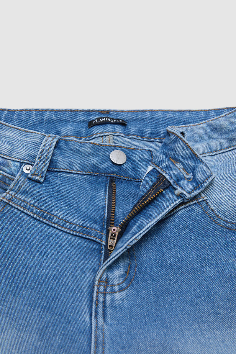 Wash Floral Embroidery V Yoke Mid Rise Straight Leg Denim Bermuda Shorts