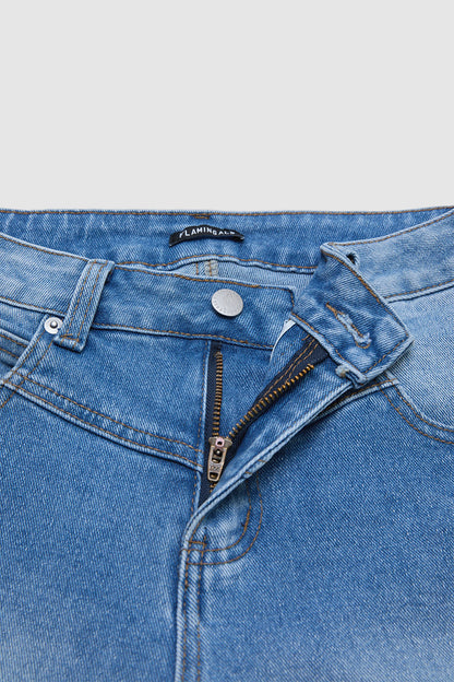 Wash Floral Embroidery V Yoke Mid Rise Straight Leg Denim Bermuda Shorts