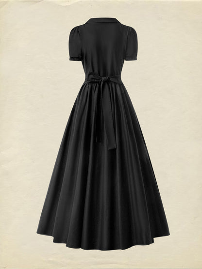 Robe longue en coton, manches courtes, col châle, unie, été, noire