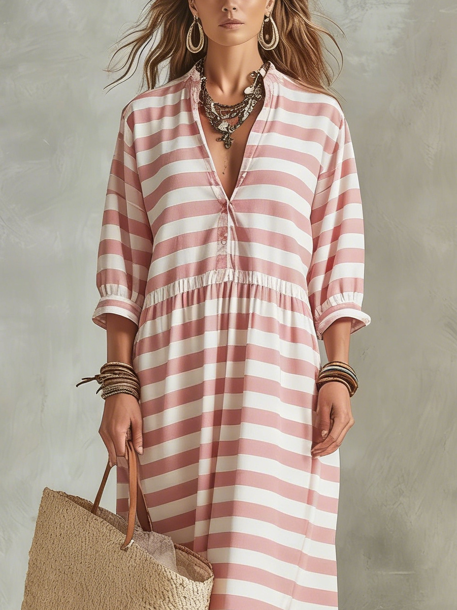 Robe longue style bohème rayée rose pâle